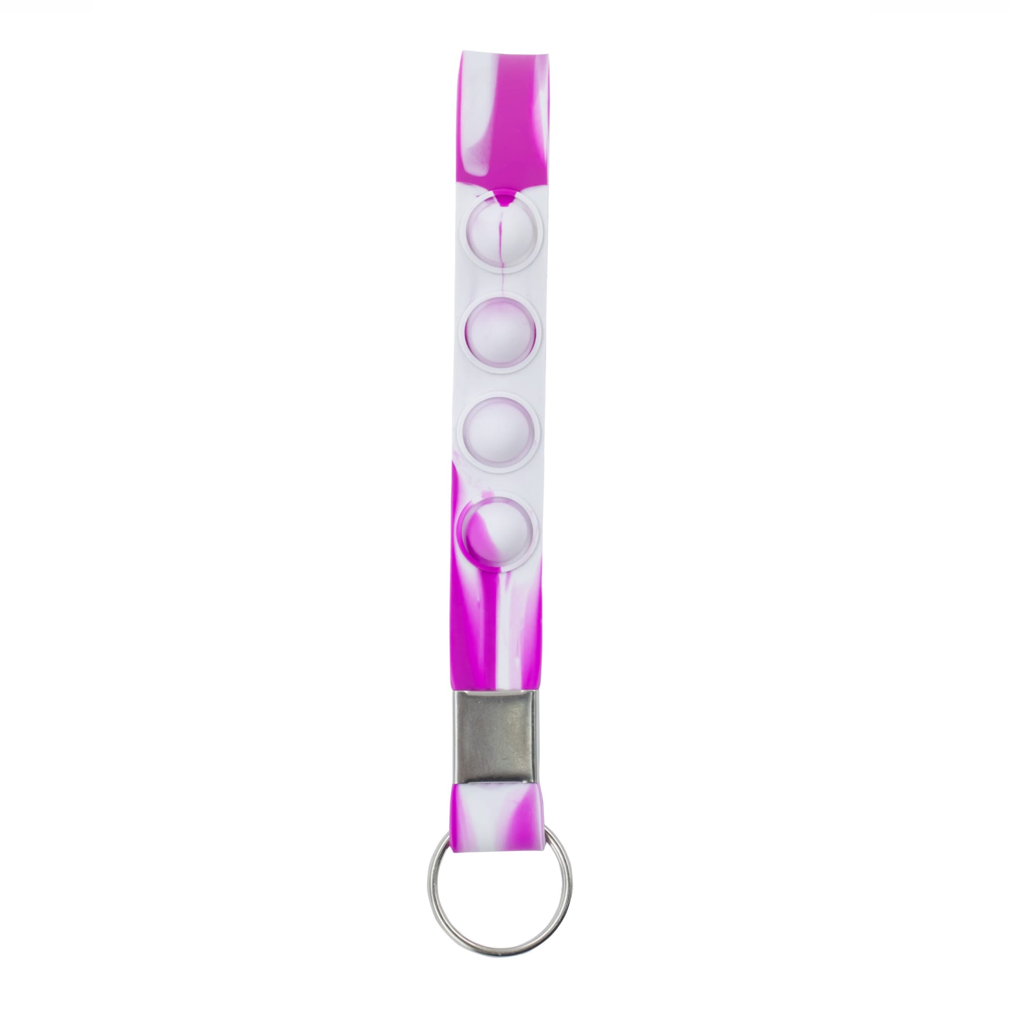 A pink and white popper stress reliever key chain with three push buttons and a metal keyring.