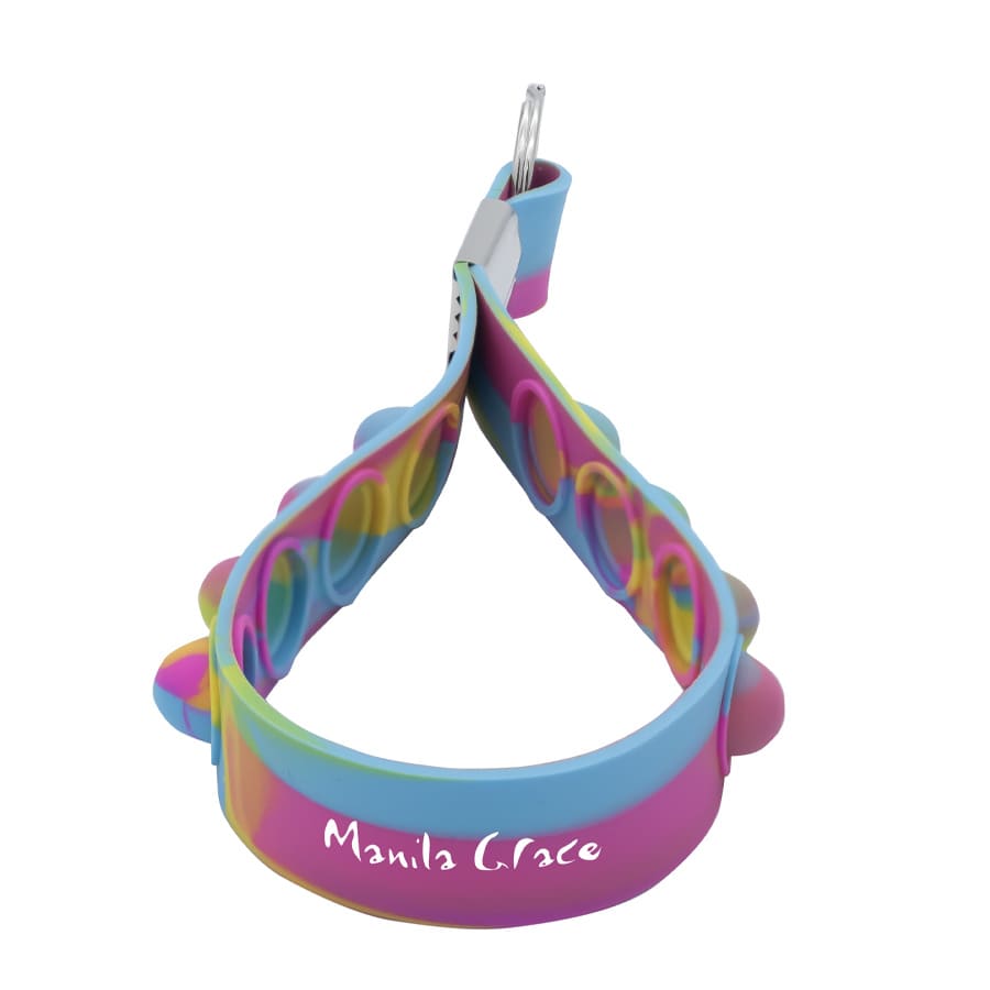 A multicoloured popper stress reliever keychain with a loop for attachment and a logo.