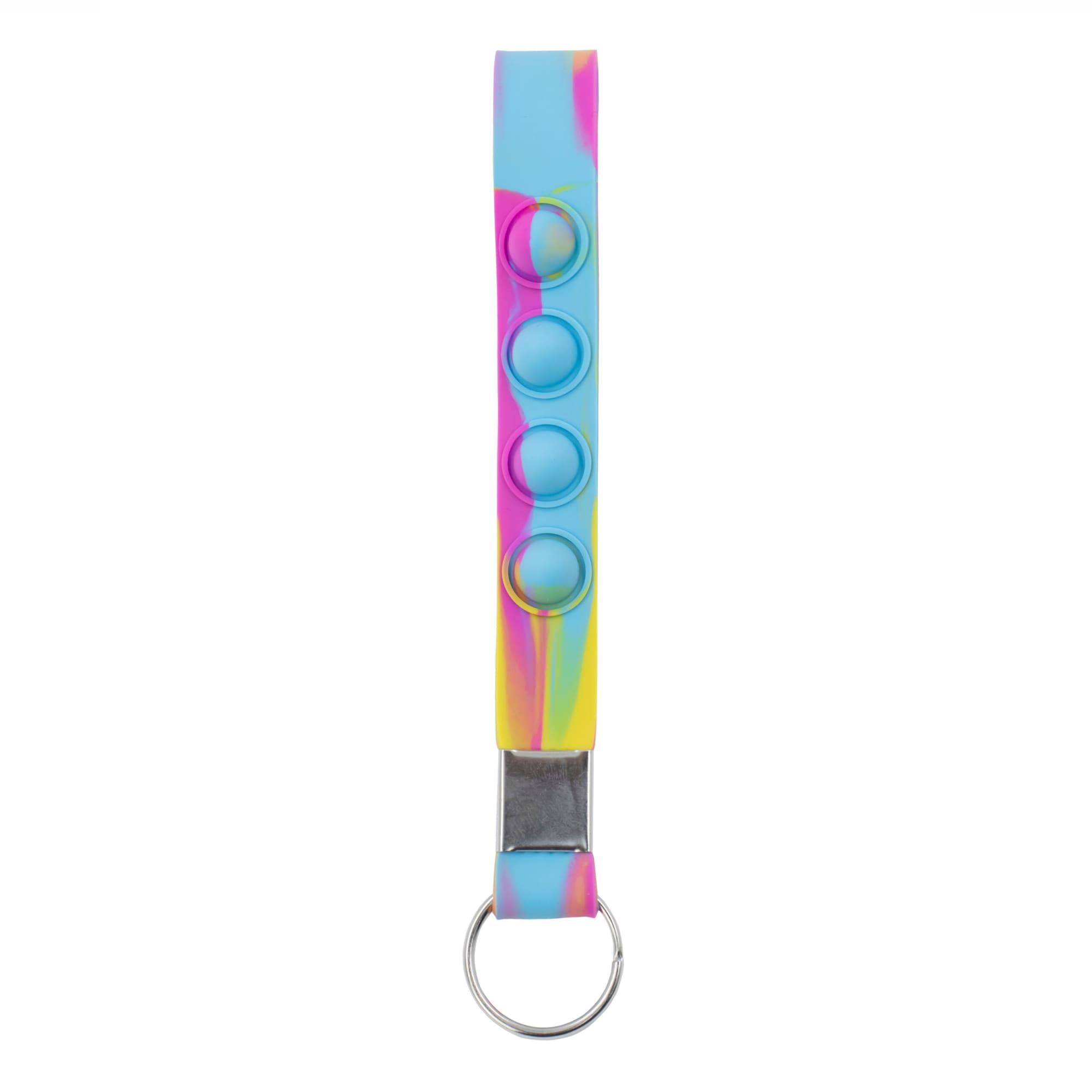 A multi-coloured stress reliever keychain with a blue strap and four pop buttons. It features a metal keyring.
