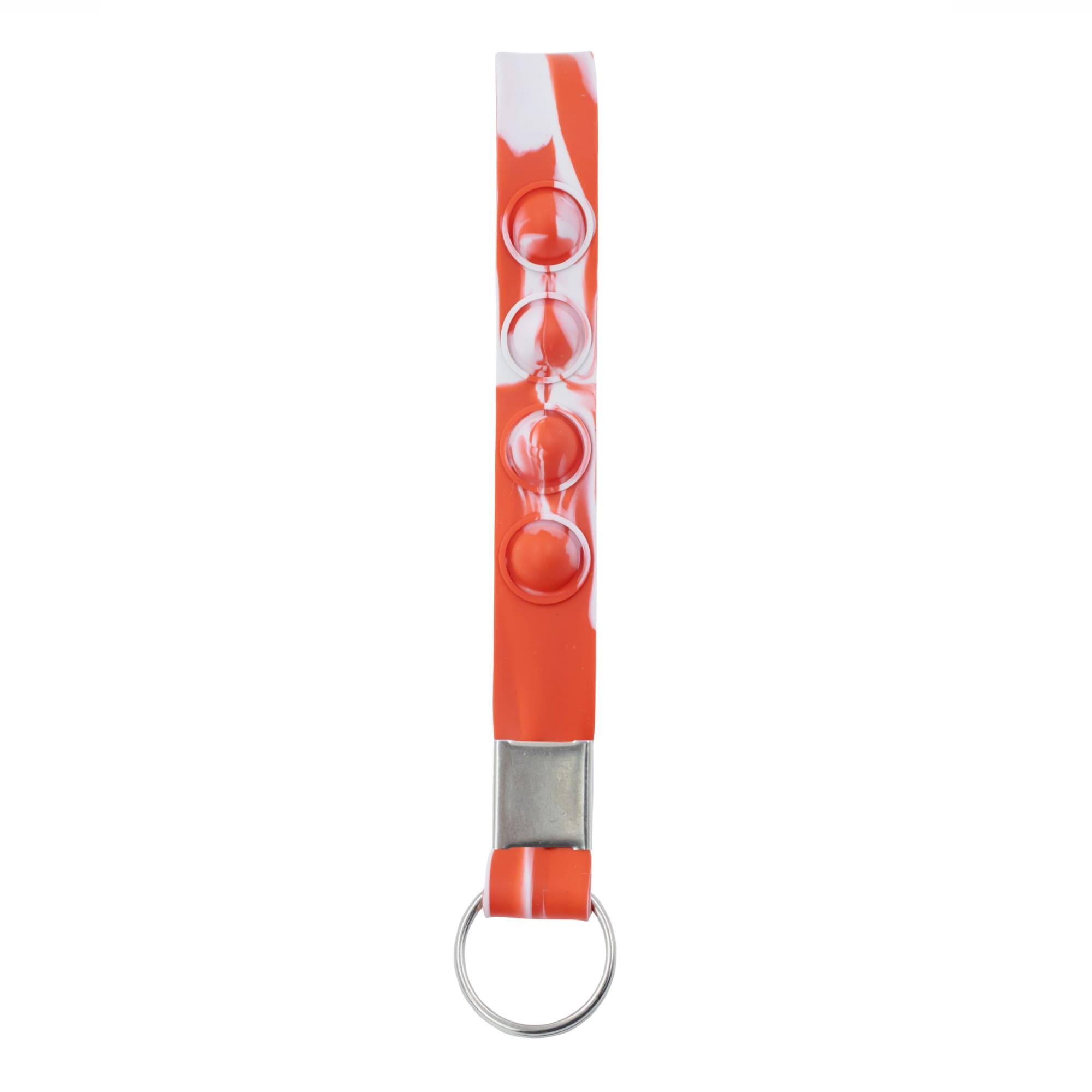 An orange and white keychain stress reliever with three push bubbles, featuring a metal keyring attachment.