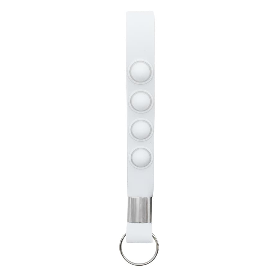 A white stress reliever key chain featuring four push buttons and a metal keyring attachment.