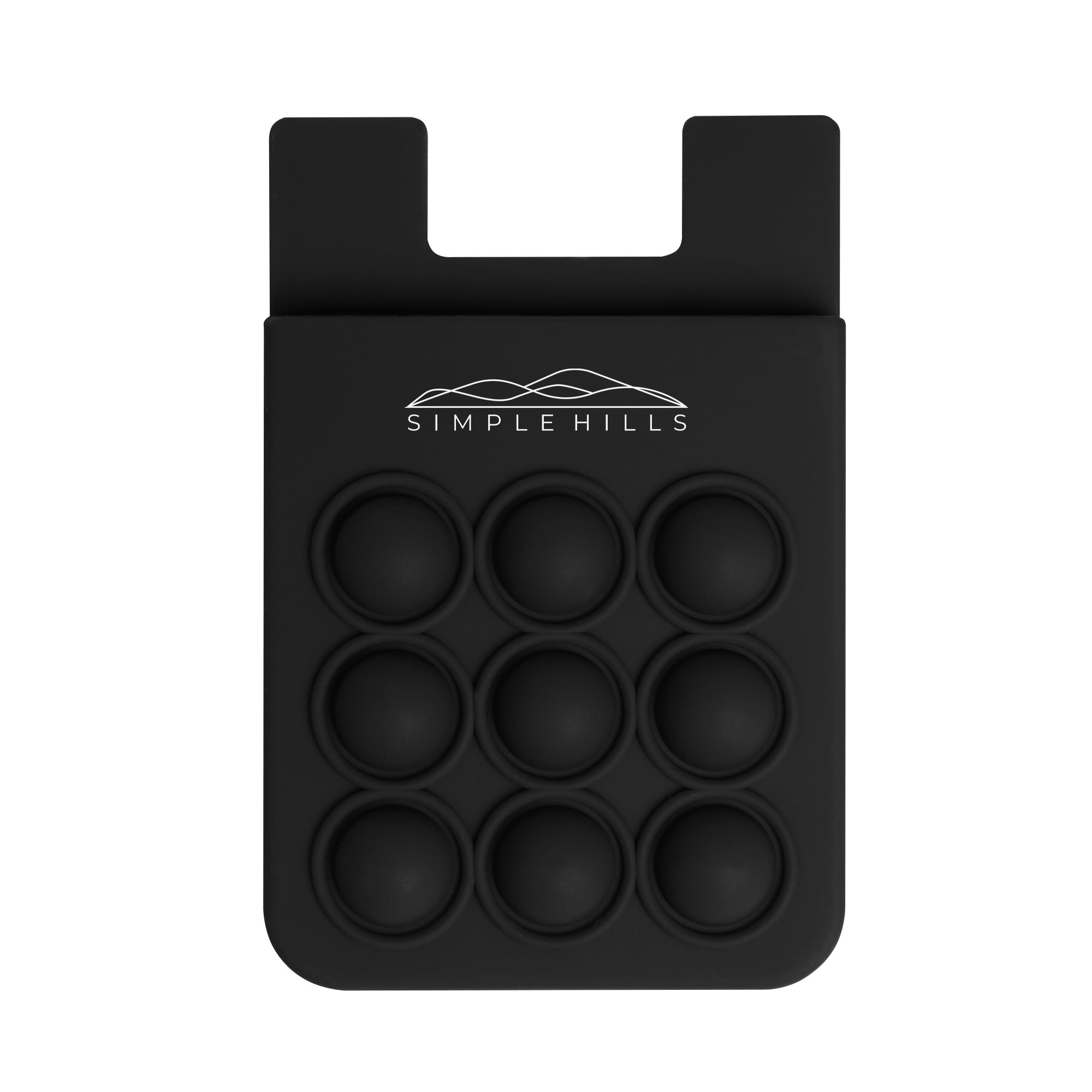 A black silicone phone wallet with nine popper buttons and a top slot for attachment. Features a logo at the top.