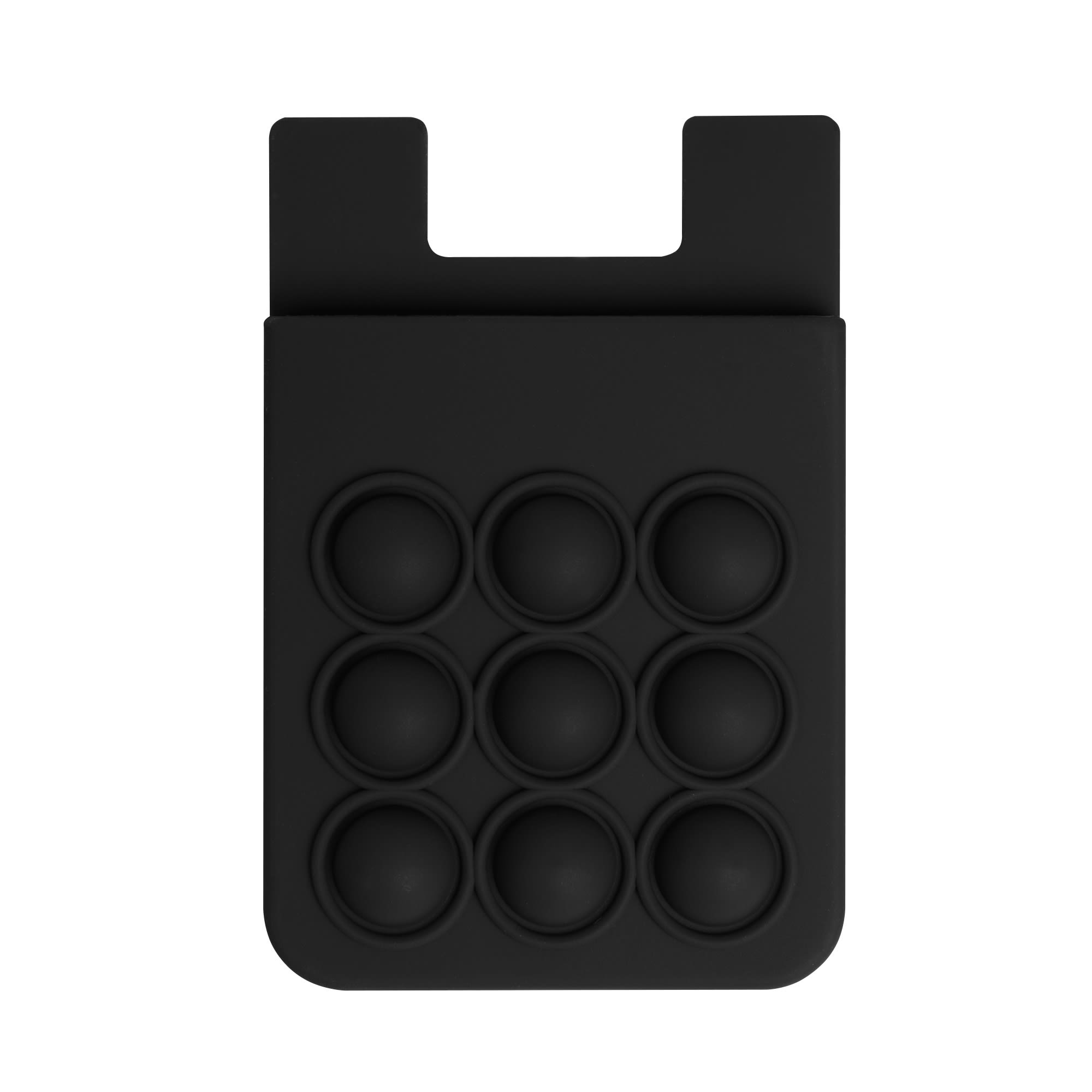 A black silicone phone wallet featuring nine popper stress relievers, with a slot for cards.