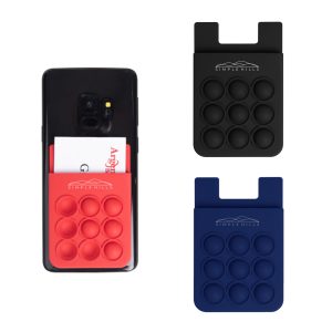 A silicone phone wallet in red, black, and navy with a popper design, featuring a logo.