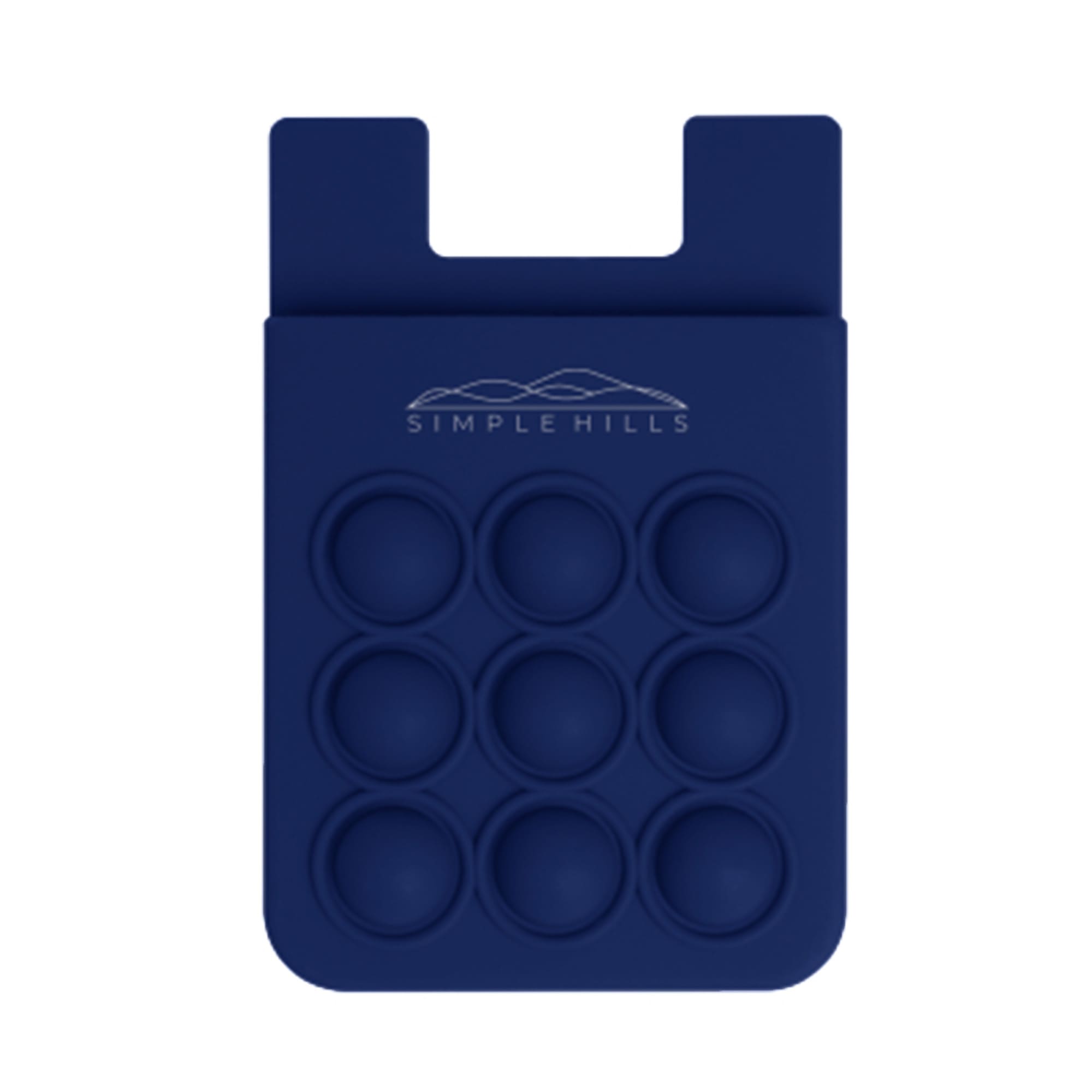 A navy silicone phone wallet featuring a popper stress reliever design with a branded logo.