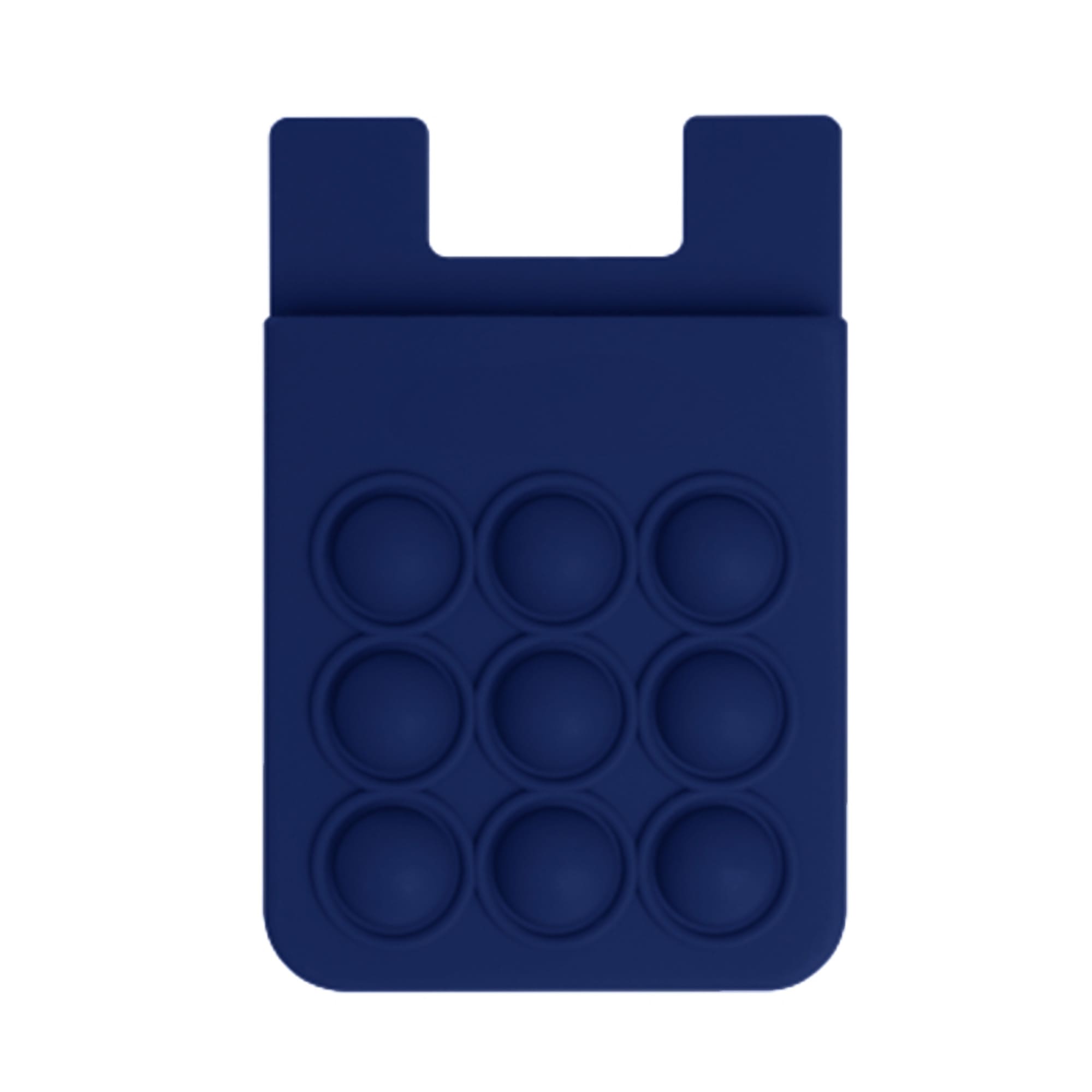 A navy blue silicone phone wallet with popper stress reliever bubbles and a slot for cards.