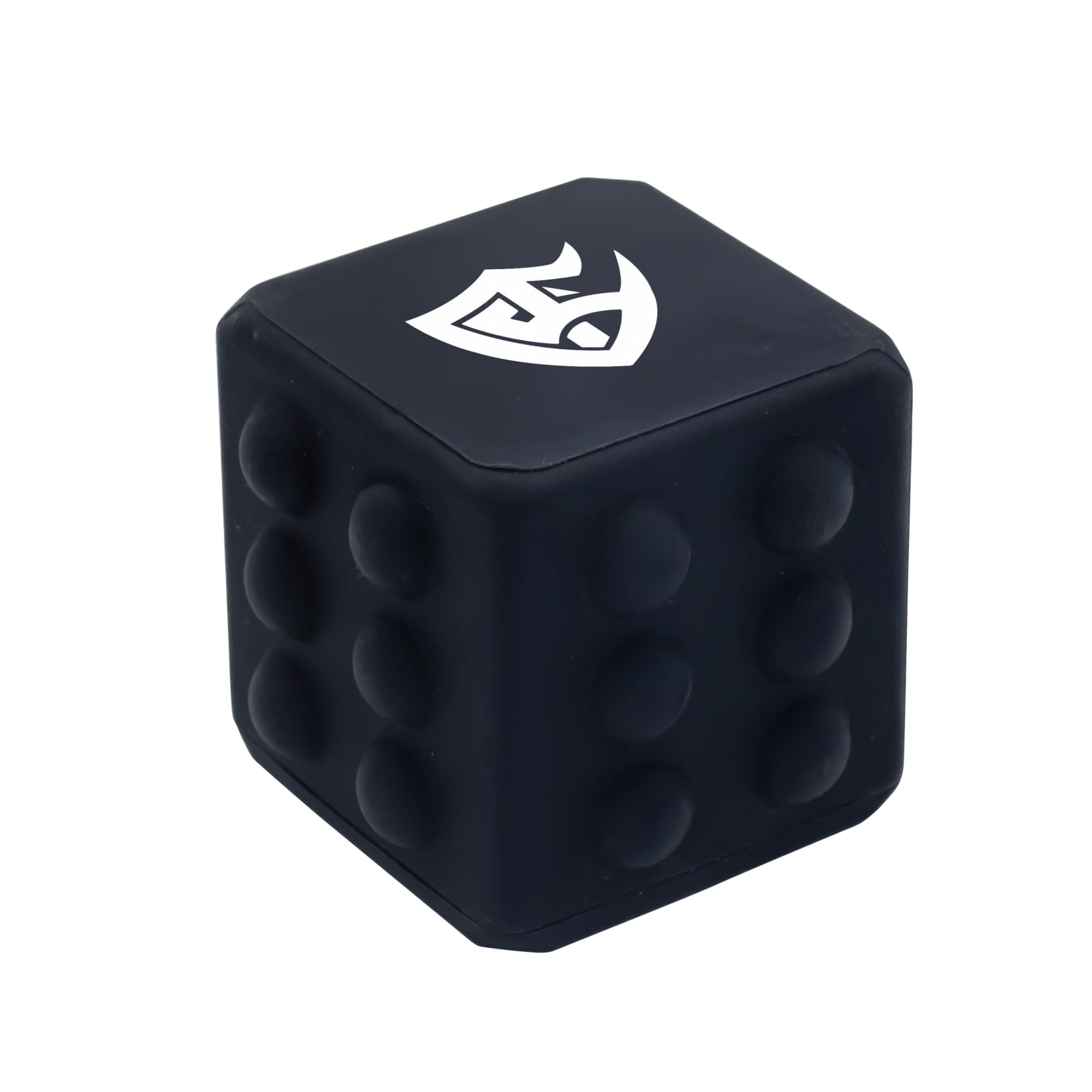 A black rubber cube with rounded dots and a logo on top, designed for fun and games.