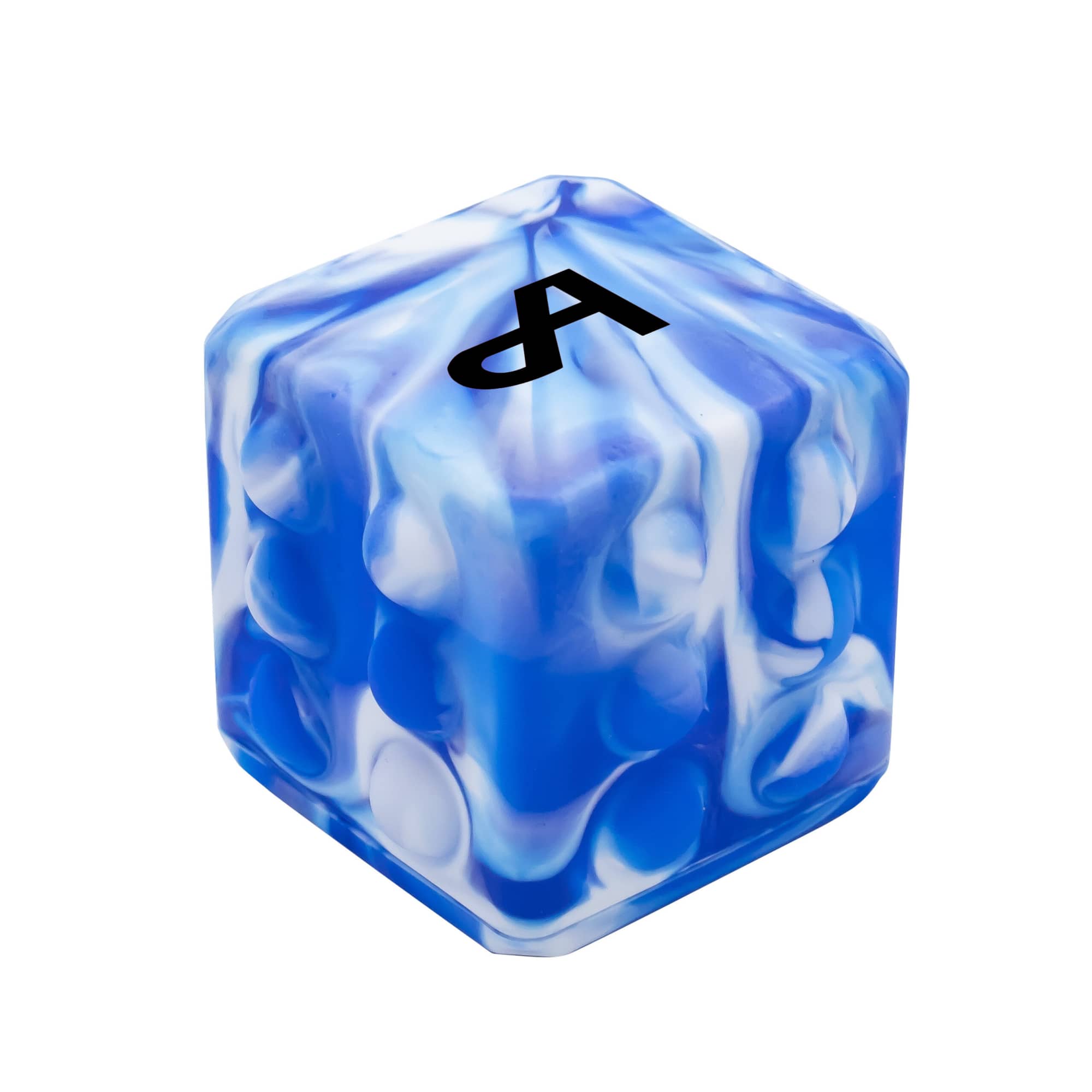 A hexagonal blue and white marbled cube with a logo in one corner, featuring a textured surface.