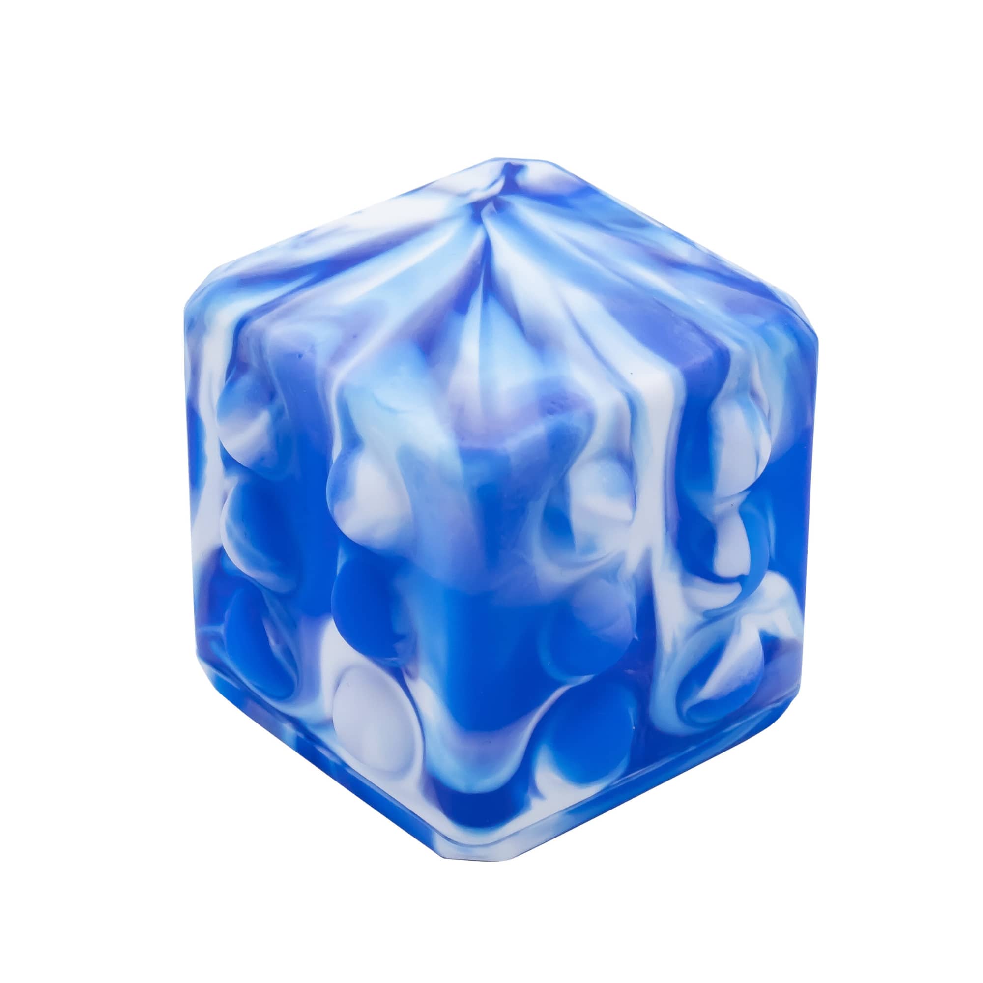 A blue and white marble-patterned hexagonal cube toy, featuring a smooth surface and rounded edges.