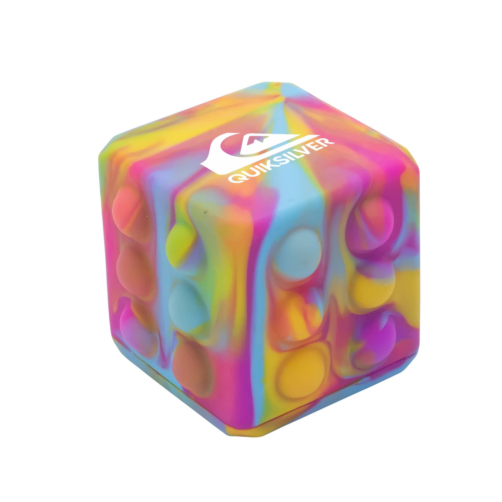 A colourful, multi-patterned cube toy featuring a branding logo, ideal for fun and games.