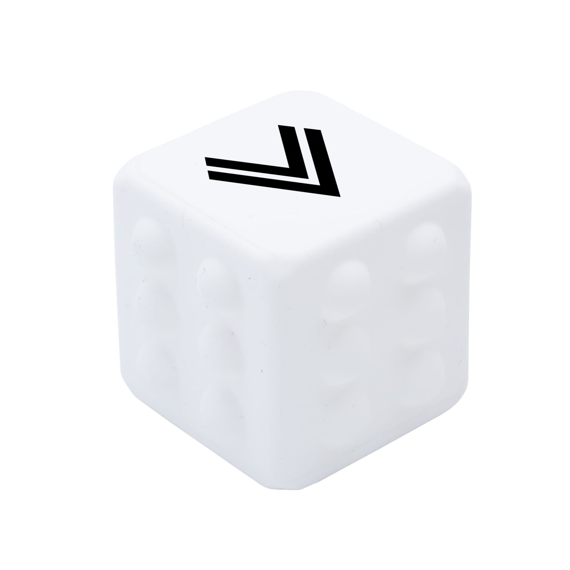 A white cube with rounded corners featuring a black logo on one face.