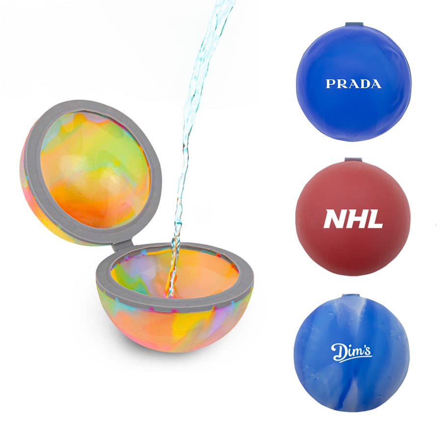 A colourful reusable water balloon with a marbled design, featuring a grey rim and various branding options.