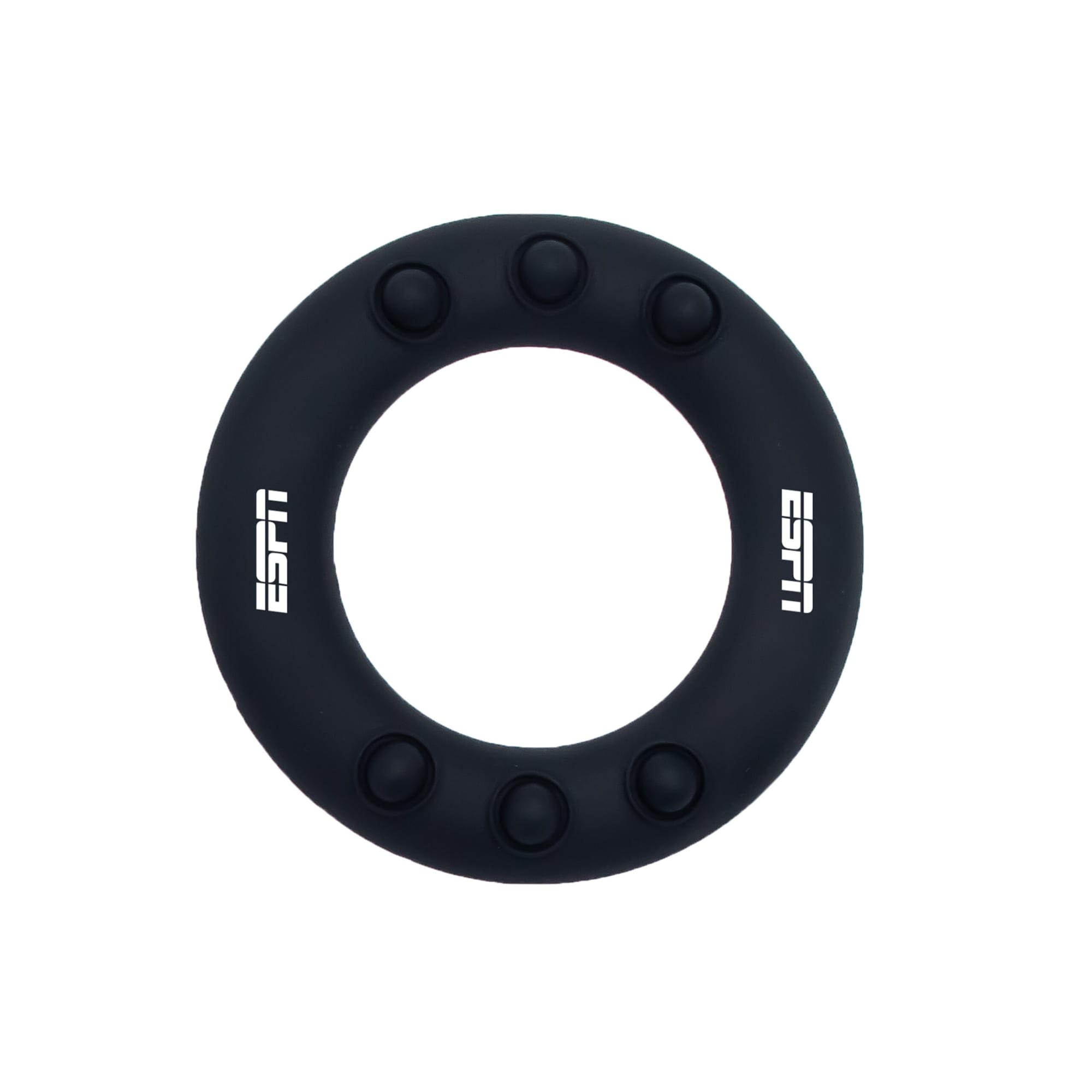 A black silicon wrist disc with circular design and six raised dots, featuring a logo.