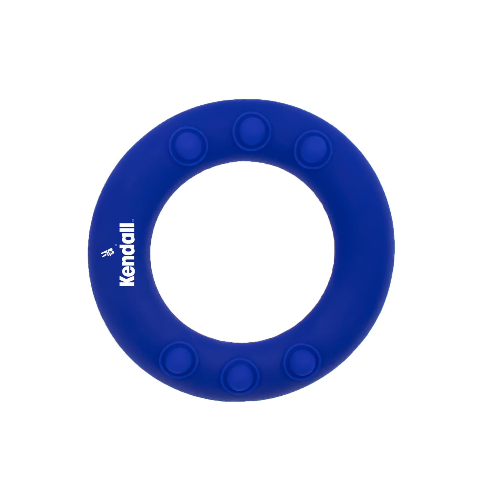 A blue silicon wrist disc with raised dots and a logo. Ideal for exhibitions and events.