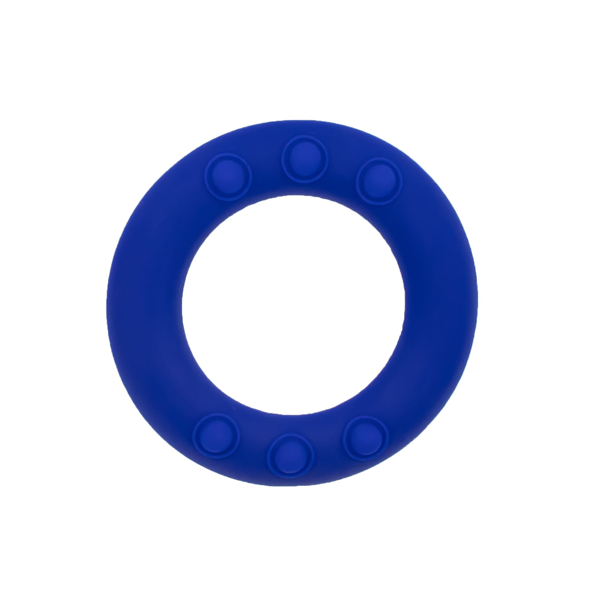 A blue silicone wrist disc with raised dots around the edge, featuring a central hole and a smooth finish.