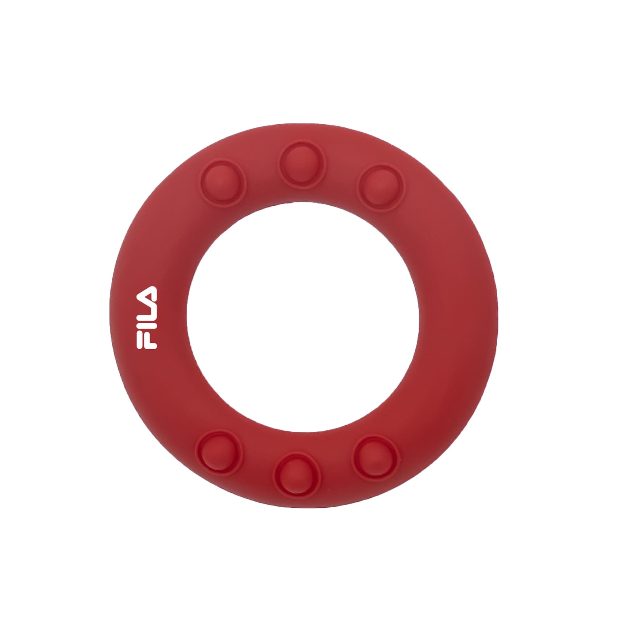 A red silicone wrist disc with circular shape and five raised dots, featuring a logo.