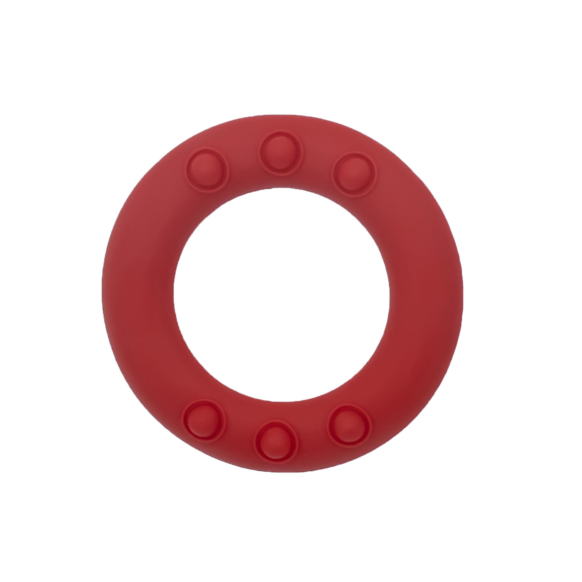 A red silicone wrist disc with six raised dots, featuring a smooth, rounded design and a logo.