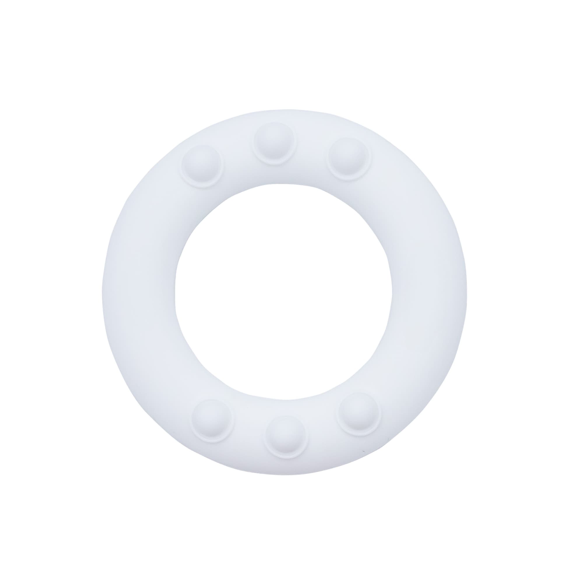 A white silicone wrist disc with raised buttons, designed for promotional use. Features a simple circular design.