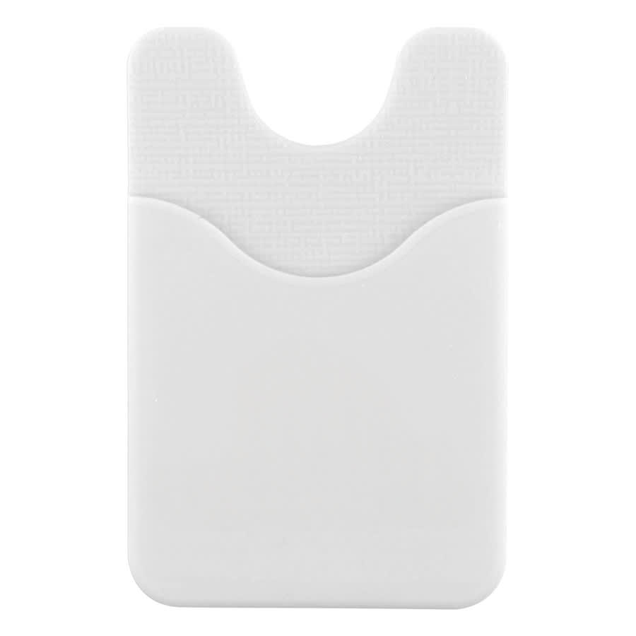 A white Smart Wallet designed to hold cards and attach to a phone, featuring a textured back and a cut-out section.