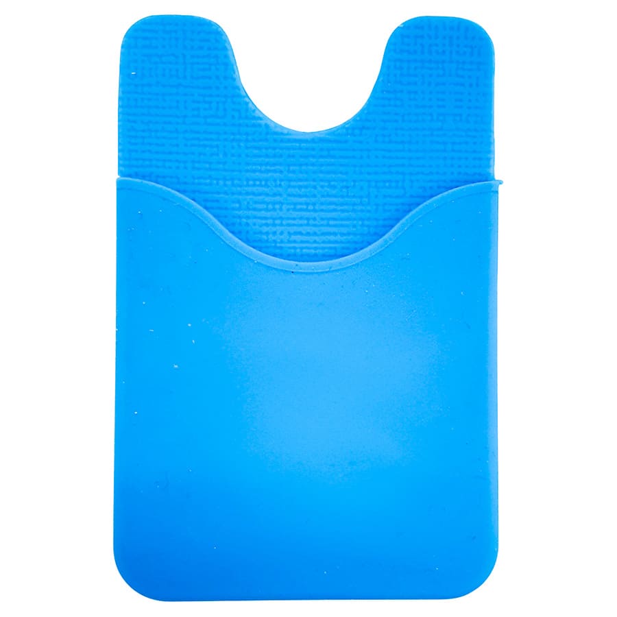 A blue Smart Wallet with a textured back and a pocket for cards or cash. Features a logo on the front.