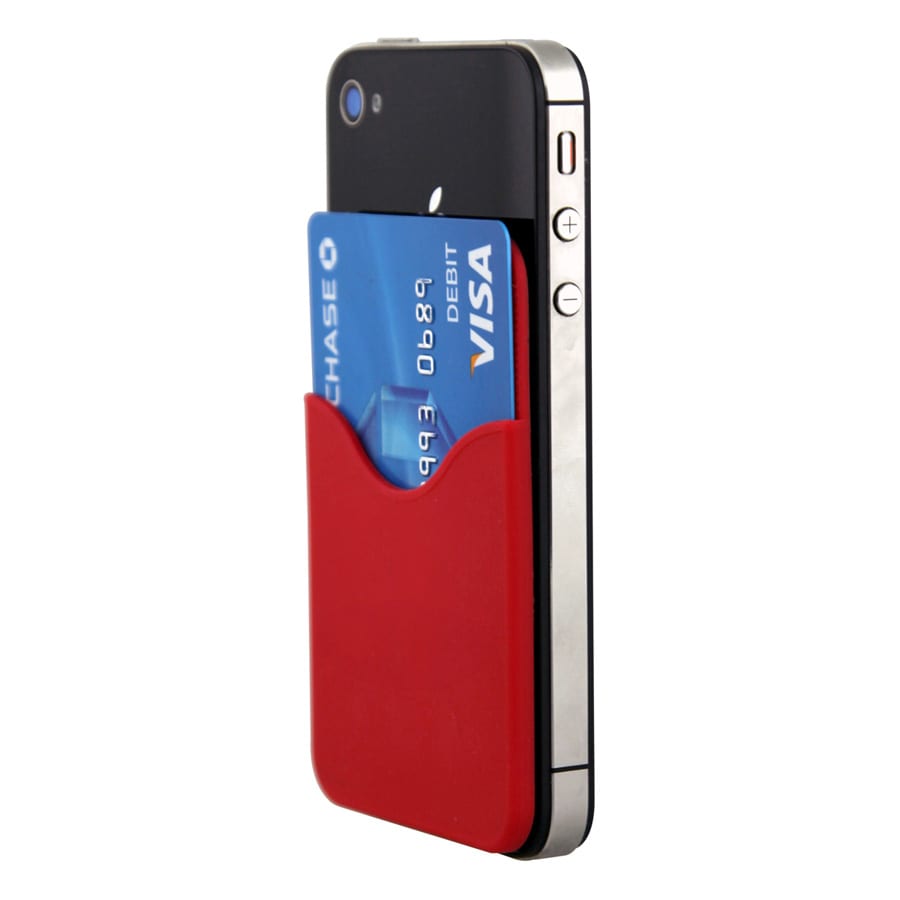 A red phone wallet with a credit card inserted, attached to a smartphone. The wallet features a simple design and a logo.