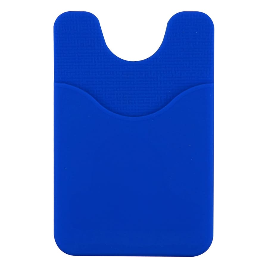 A blue silicone wallet designed to attach to a phone, featuring two pockets for cards. It has a textured surface.