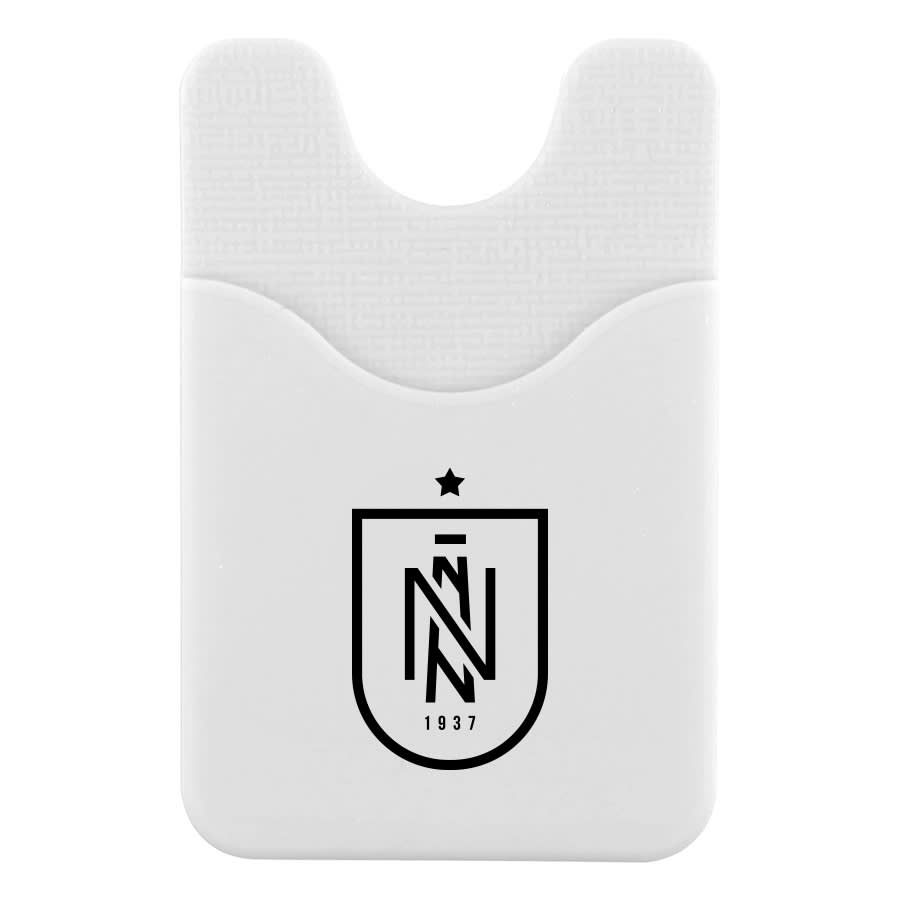 A white Smart Wallet with a textured surface and a logo in black. It features a slot for cards.