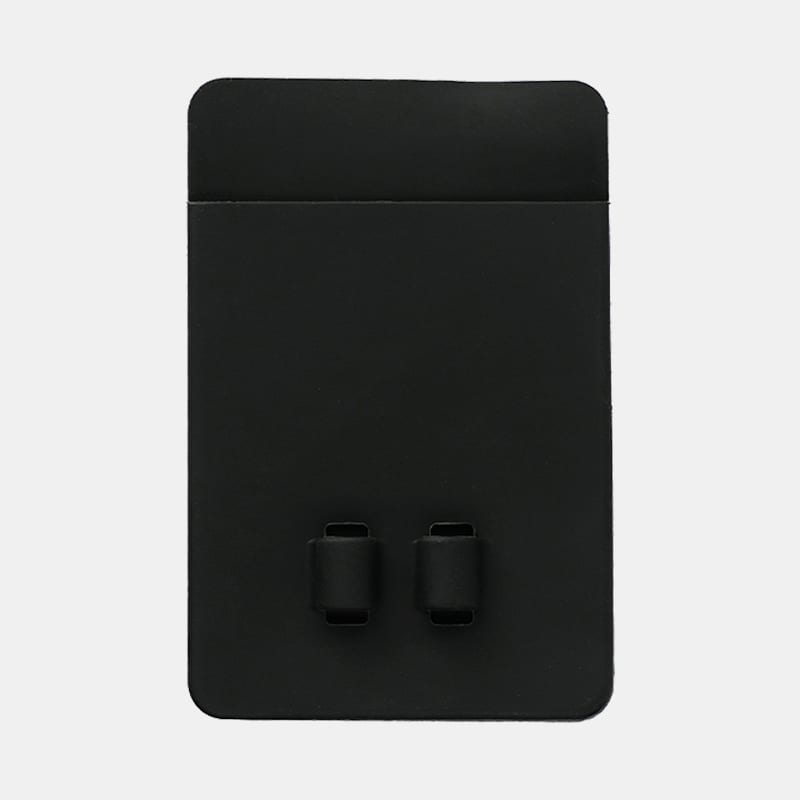 A black silicone phone wallet featuring two slot openings and a smooth surface, with a logo on the front.
