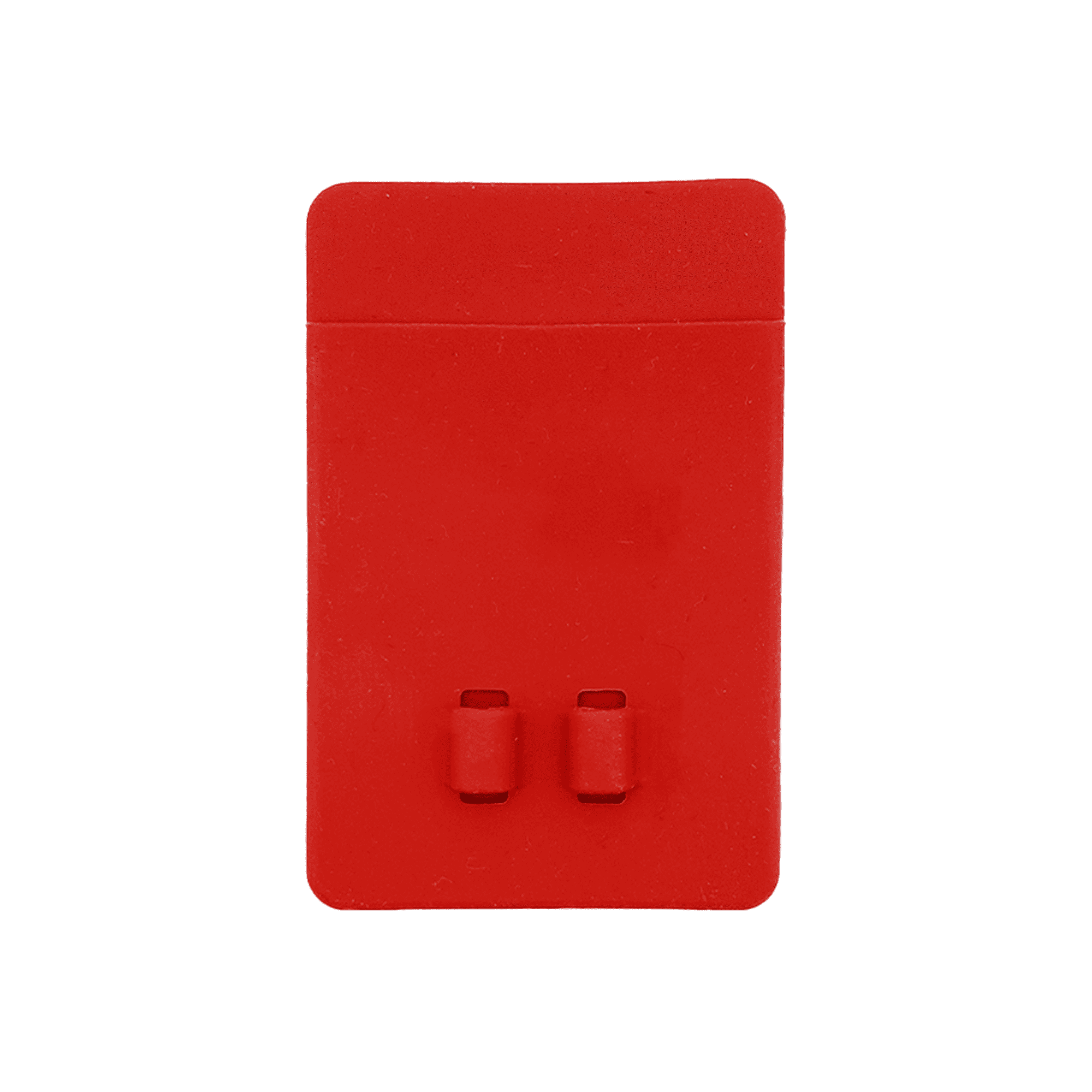 A red silicone phone wallet featuring a smooth surface and two small attachments.