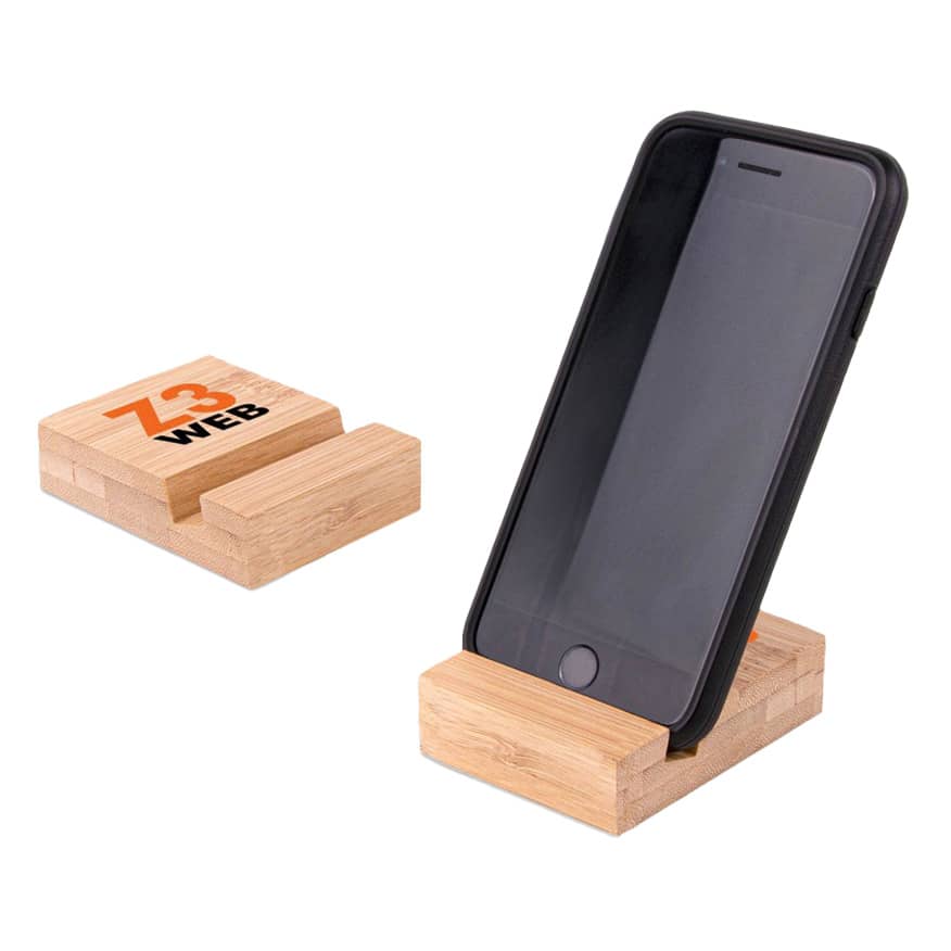 A bamboo phone holder featuring a sleek design with a black phone set at an angle, showcasing its sturdy base.