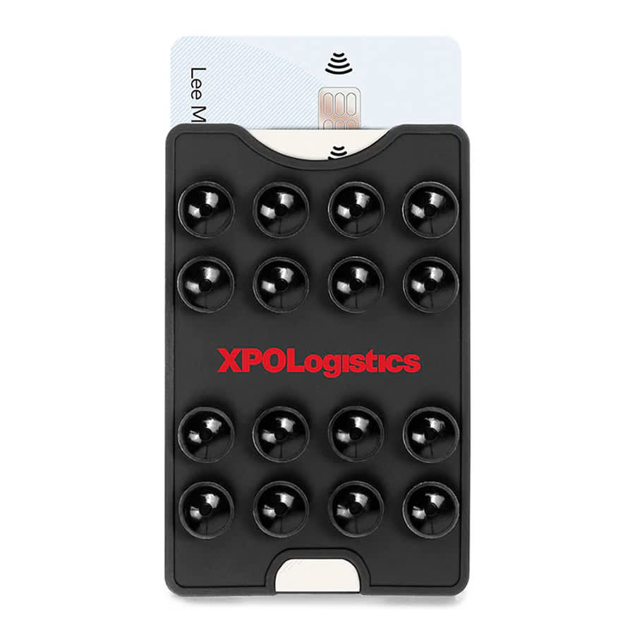 A black suction phone wallet with multiple suction cups and a card slot, featuring a logo on the front.