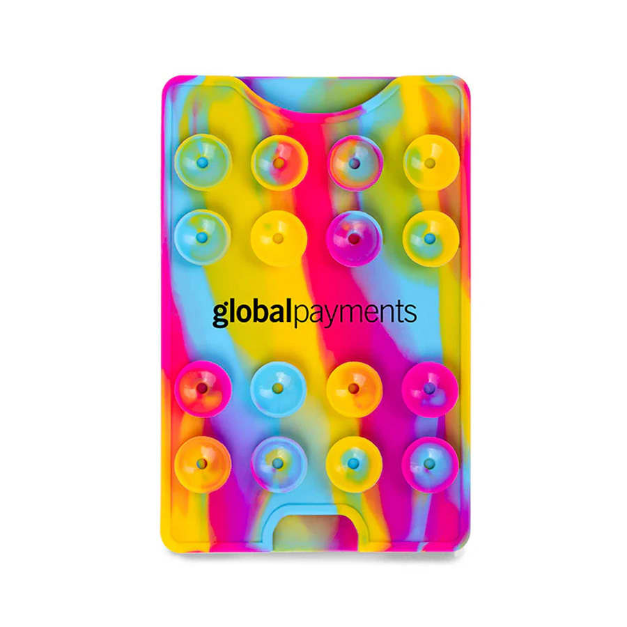A multicoloured phone wallet featuring suction cups, with a logo in the centre.