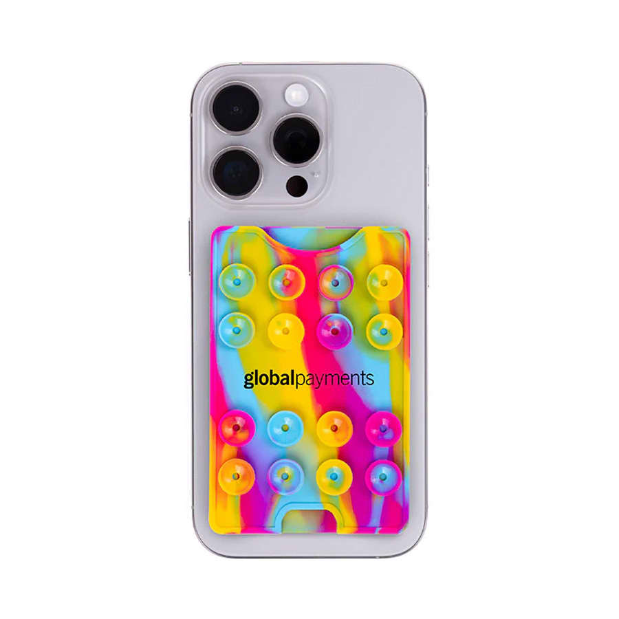 A colourful suction phone wallet featuring a mix of pink, yellow, and blue hues, attached to a smartphone.