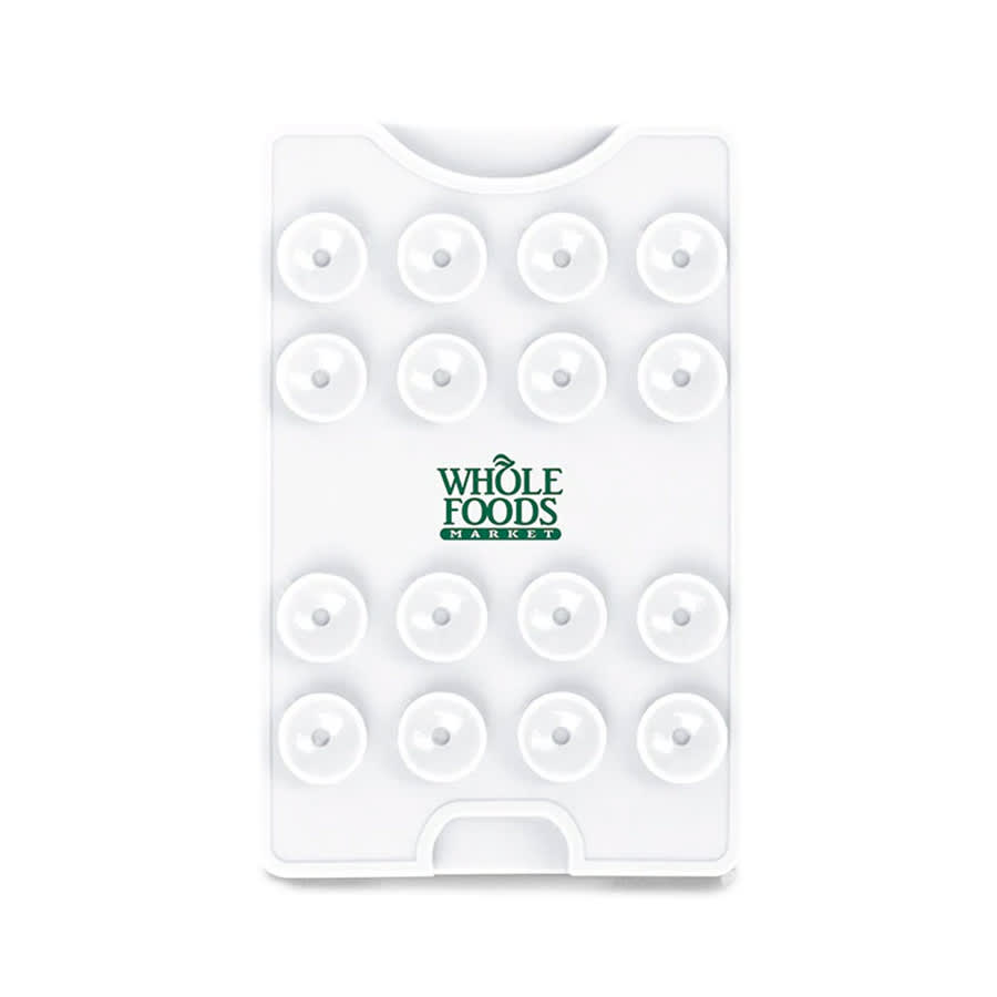 A white suction phone wallet featuring multiple suction cups and a logo.