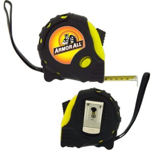 A tape measure featuring a black and yellow design, with a prominent logo and a retractable measuring tape.
