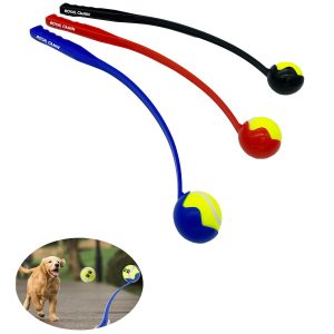 A set of three ball launchers in red, black, and blue, each holding a tennis ball, featuring a logo.