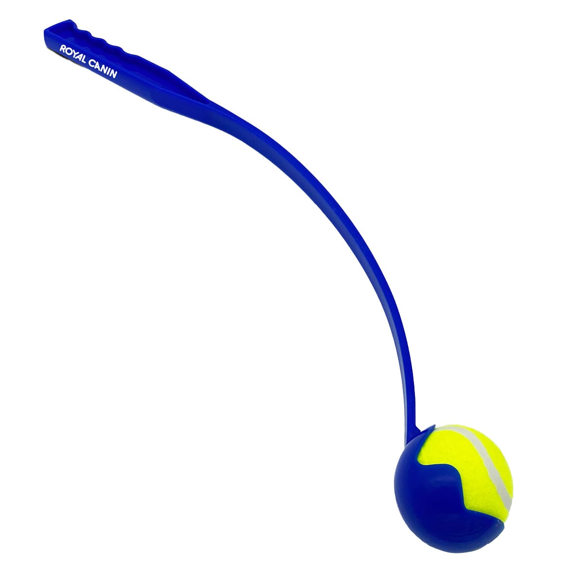 A blue ball launcher with a yellow tennis ball at the end, featuring a logo on the handle.