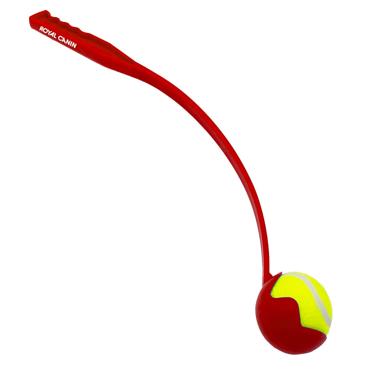 A red ball launcher with a yellow tennis ball at the end, featuring a logo on the handle.