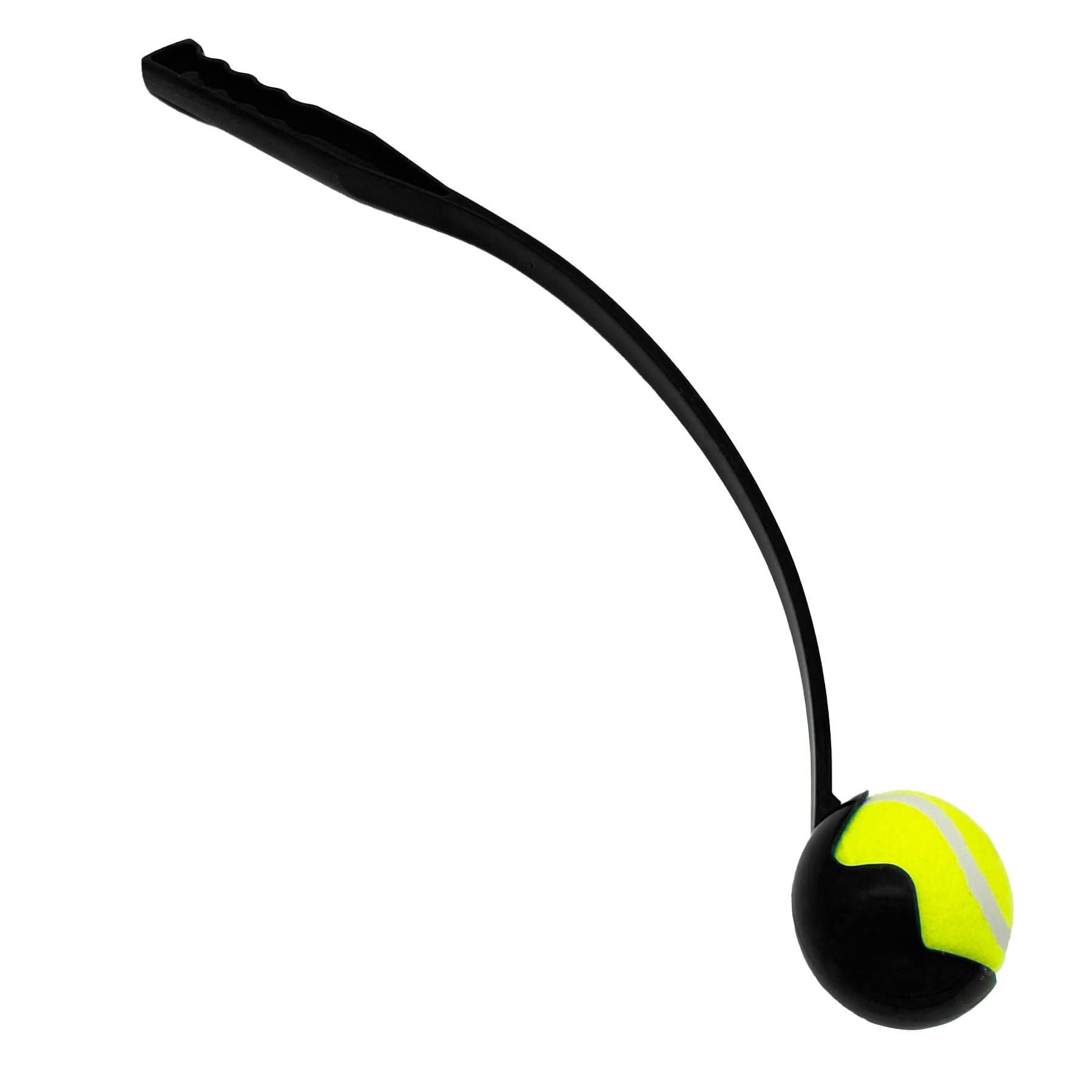 A black ball launcher with a curved handle and a yellow tennis ball. It features a logo on the handle.