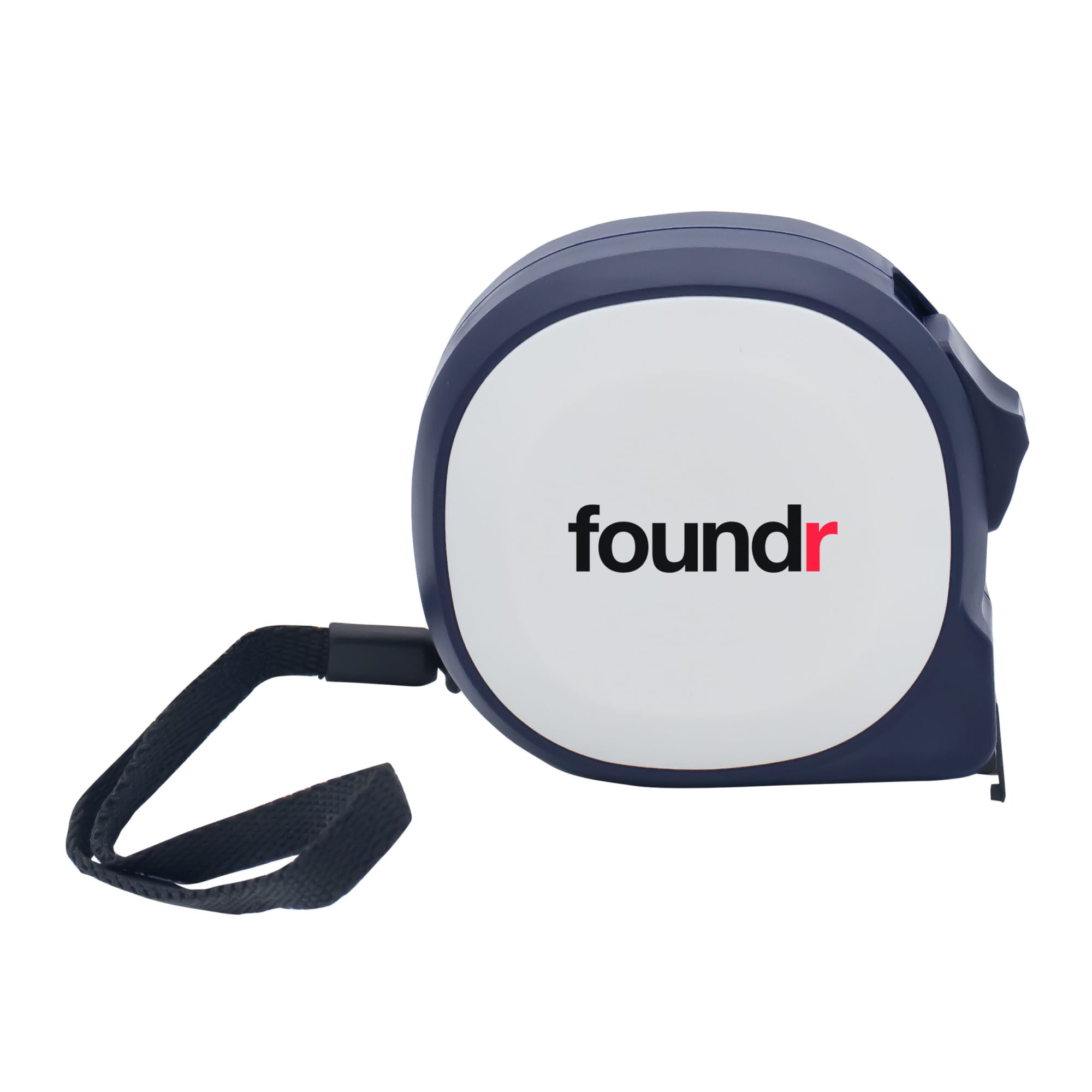A navy tape measure with a white body and a wrist strap, featuring a small logo.