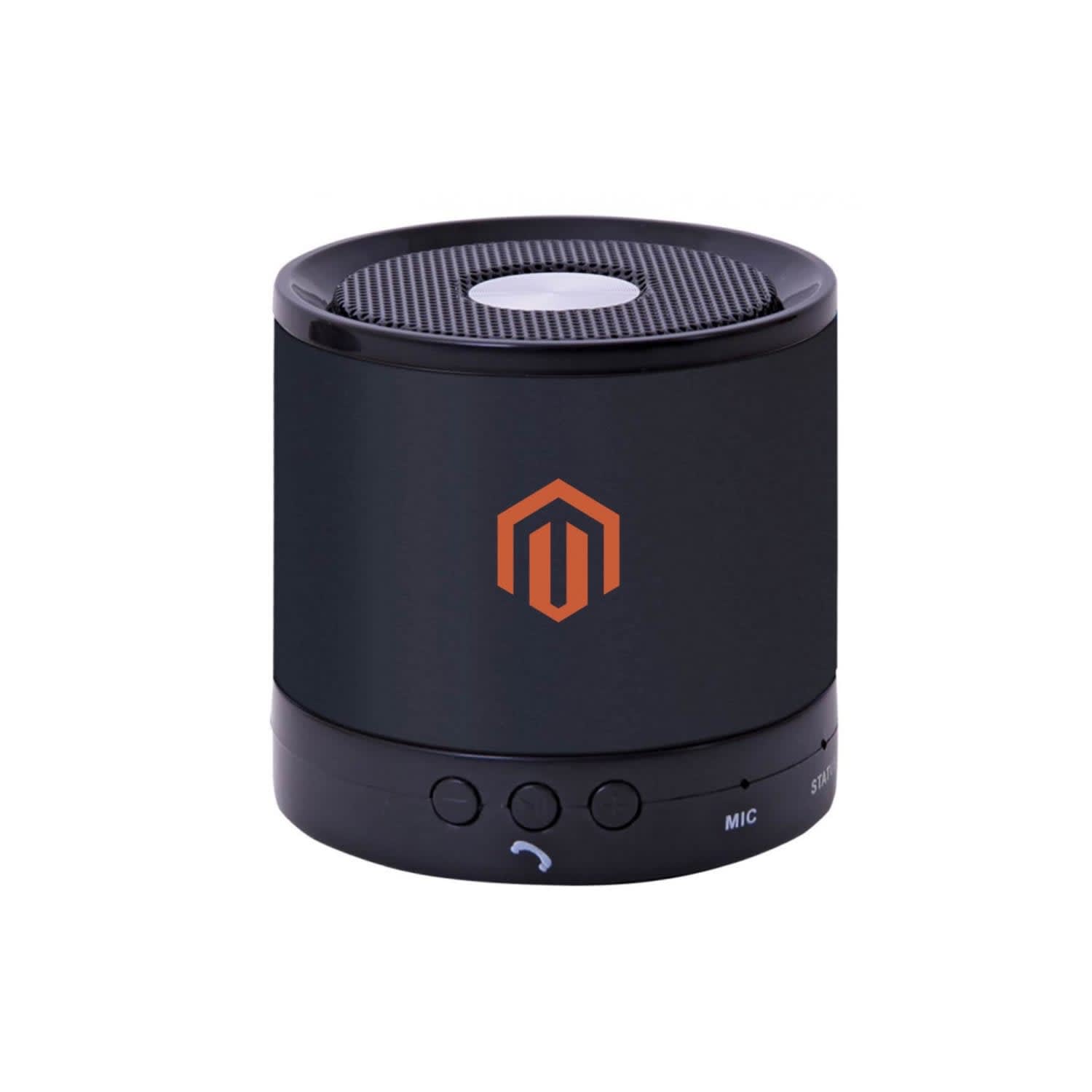 A black portable speaker with a circular design, featuring a textured top and a branded logo.
