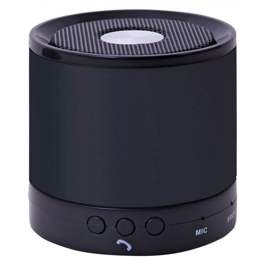 A compact black speaker with a textured top and control buttons on the base. It features a logo on the side.