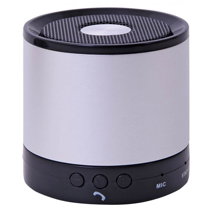 A compact silver speaker with a black base and control buttons, featuring a mesh top and an embedded logo.