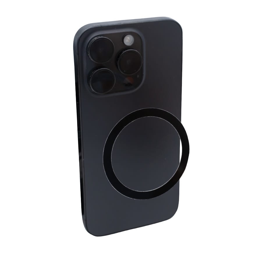 A black smartphone with a circular grip on the back, featuring a triple camera setup.