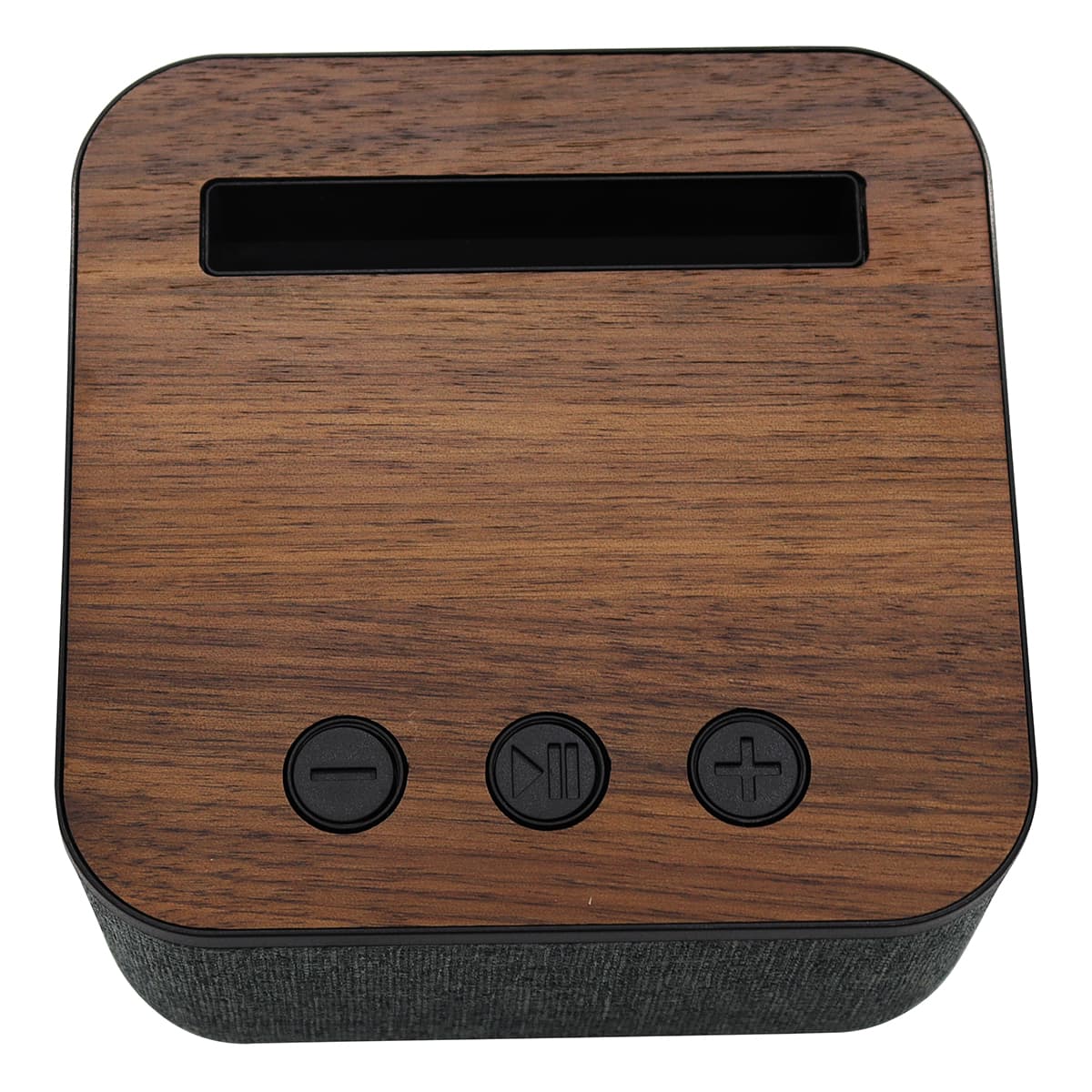 A square Bluetooth speaker featuring a wooden top and fabric-covered sides, with three control buttons on the front.