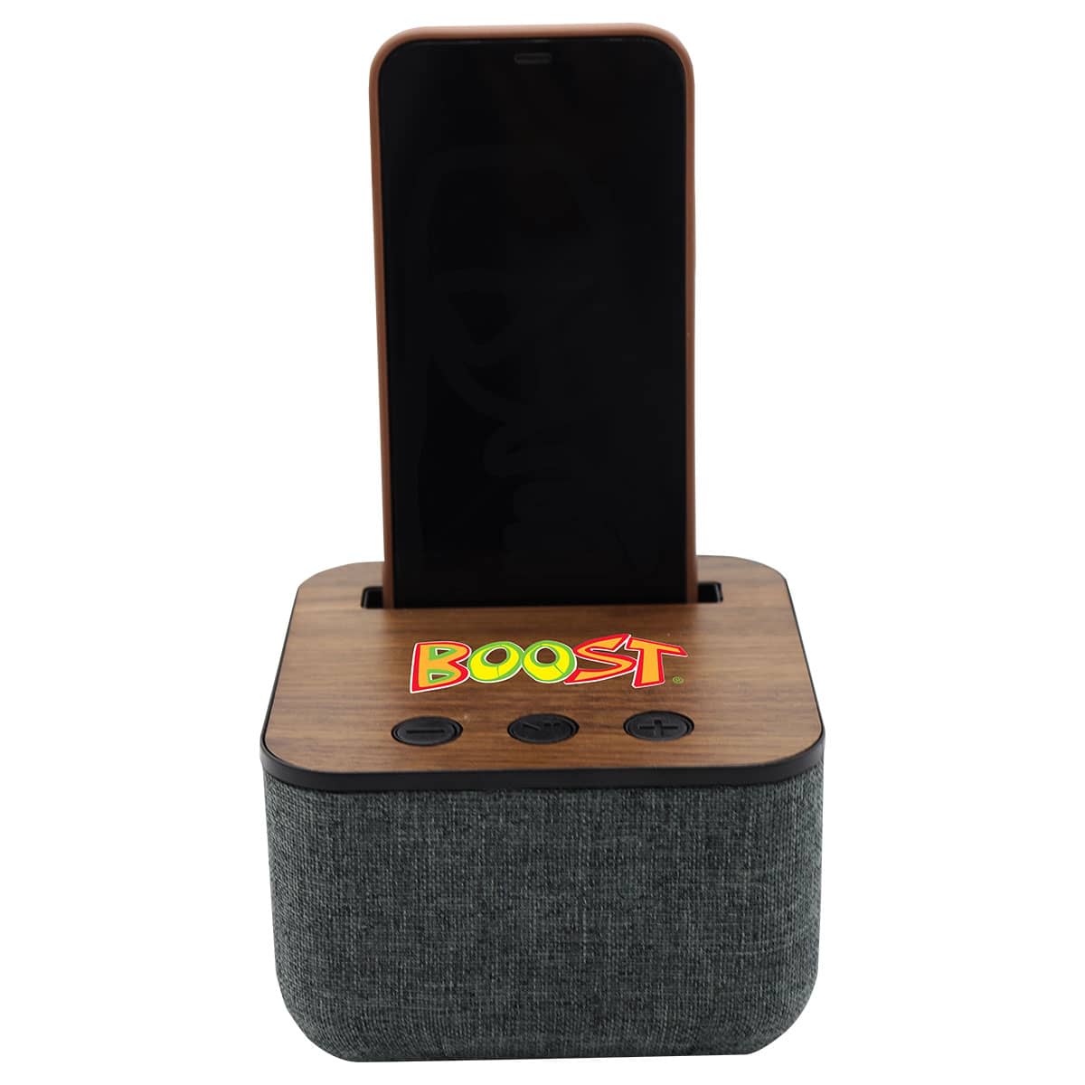 A Bluetooth speaker with a wooden top, grey fabric base, and a slot for a phone. It features buttons on the front and has a logo.