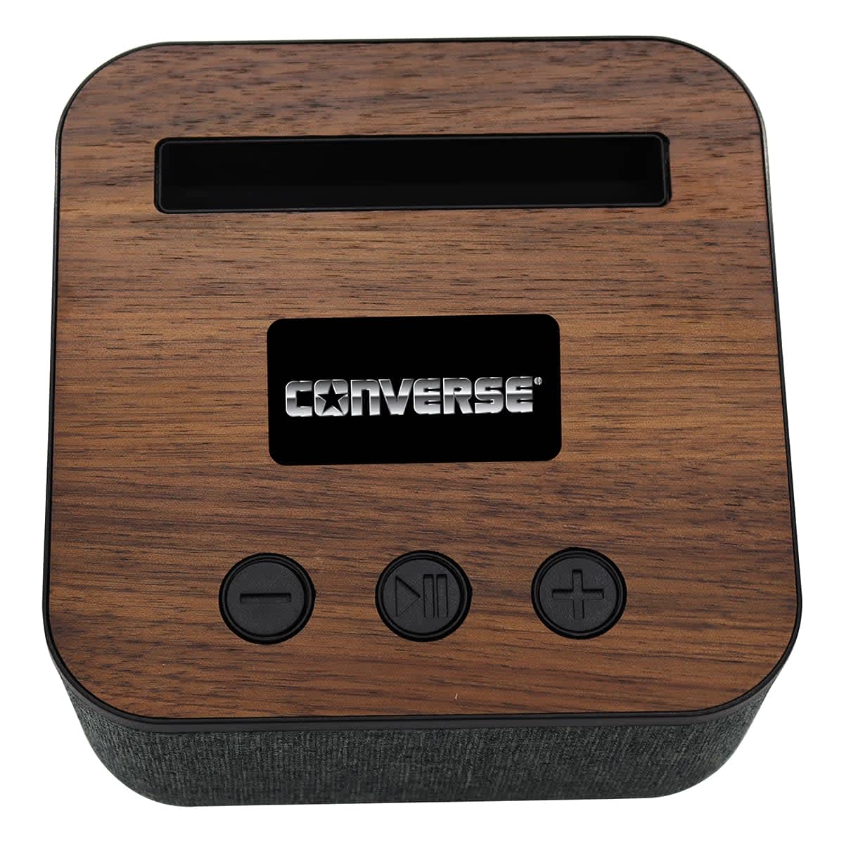 A Bluetooth speaker with a wooden finish, featuring control buttons and a logo on the front.