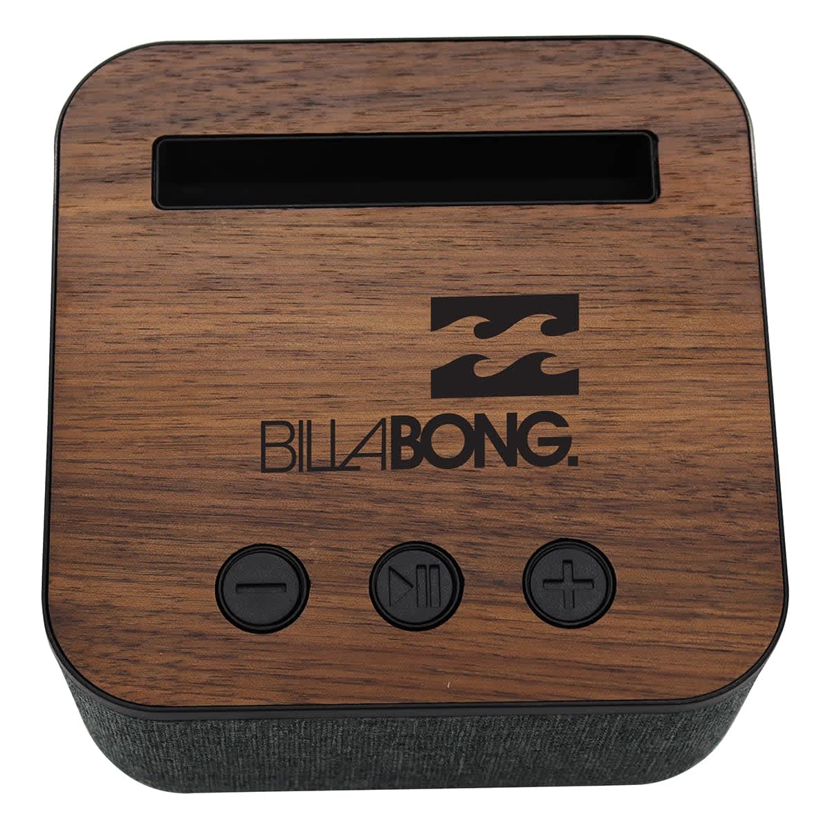 A square Bluetooth speaker with a wooden finish, featuring control buttons and a logo on the surface.