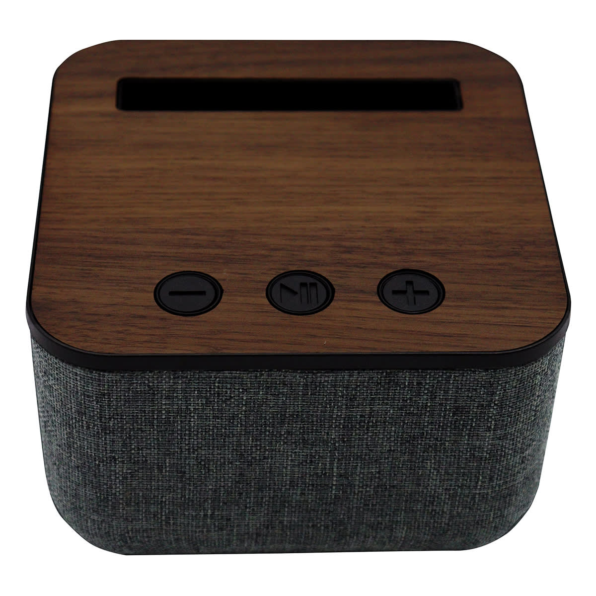 A Bluetooth speaker with a wood-patterned top and grey fabric sides, featuring three control buttons.