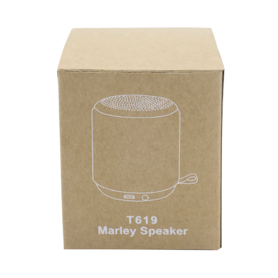 A brown cardboard box containing a Marley Speaker, with a simple illustrated design on the front.